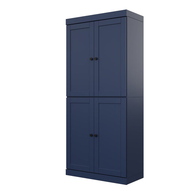 72" Navy Blue Solid Wood Four Door Pantry Or Storage Closet