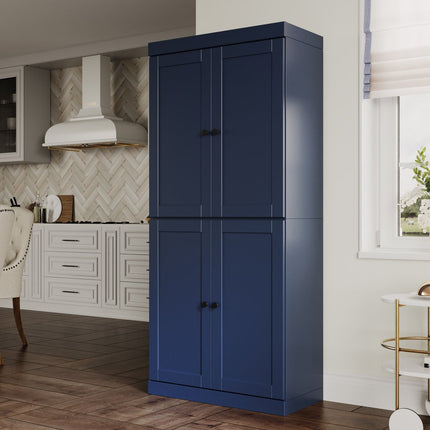 72" Navy Blue Solid Wood Four Door Pantry Or Storage Closet