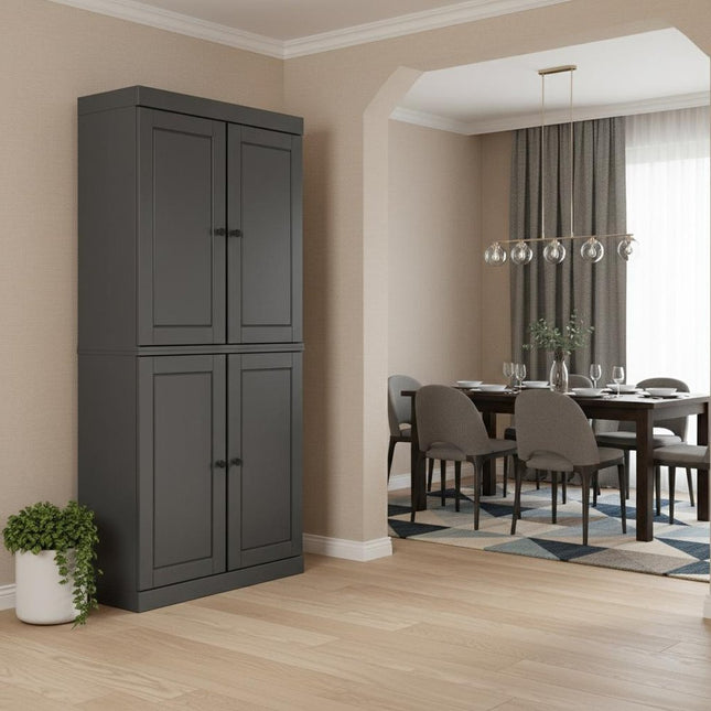 72" Gray Solid Wood Four Door Two Drawer Pantry Or Storage Closet