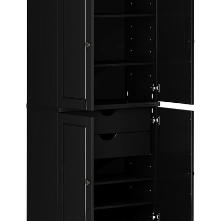 72" Black Solid Wood Four Door Two Drawer Pantry Or Storage Closet