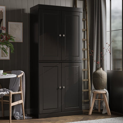 72" Black Solid Wood Four Door Two Drawer Pantry Or Storage Closet