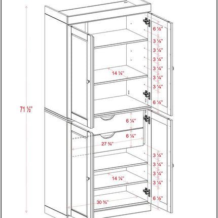 72" Black Solid Wood Four Door Two Drawer Pantry Or Storage Closet