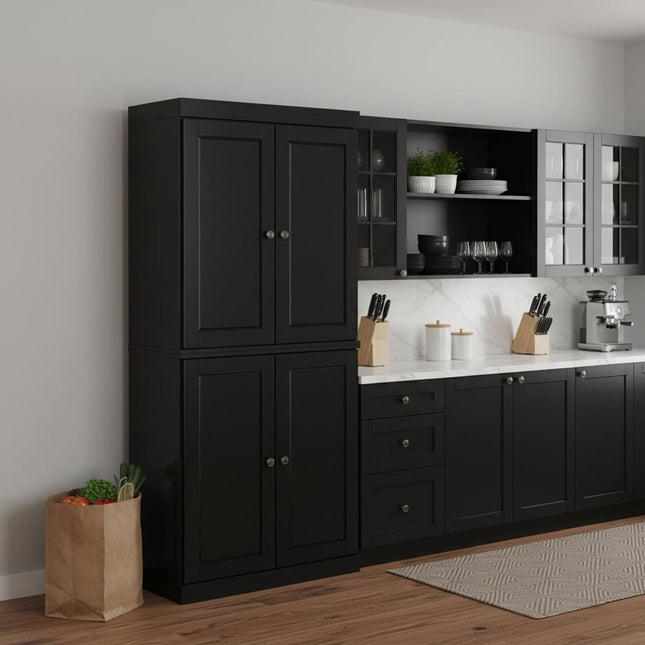 72" Black Solid Wood Four Door Two Drawer Pantry Or Storage Closet