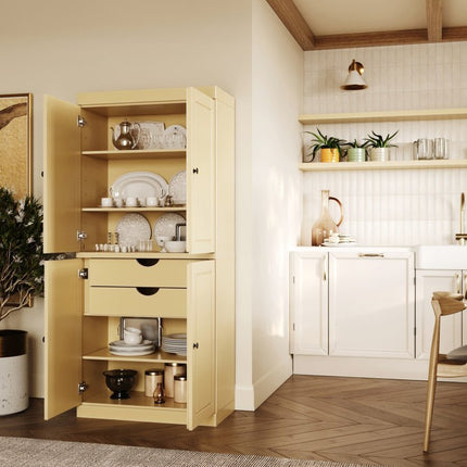 72" Yellow Solid Wood Four Door Two Drawer Pantry Or Storage Closet