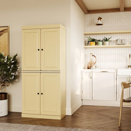 72" Yellow Solid Wood Four Door Two Drawer Pantry Or Storage Closet