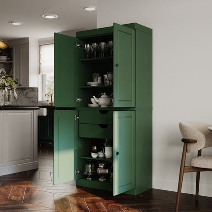 72" Green Solid Wood Four Door Two Drawer Pantry Or Storage Closet