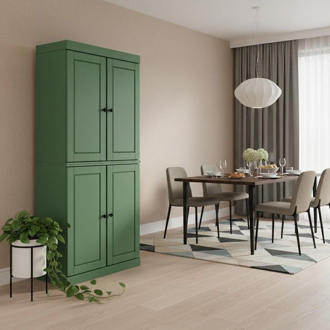 72" Green Solid Wood Four Door Two Drawer Pantry Or Storage Closet