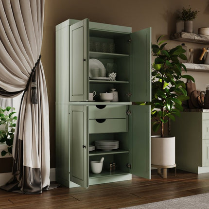 72" Sage Solid Wood Four Door Two Drawer Pantry Or Storage Closet