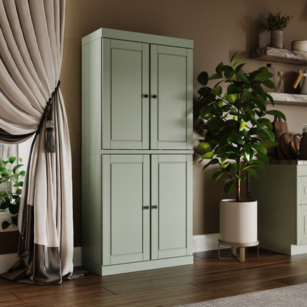 72" Sage Solid Wood Four Door Two Drawer Pantry Or Storage Closet