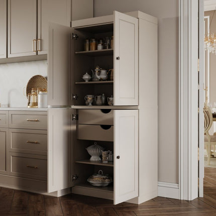 72" Beige Solid Wood Four Door Two Drawer Pantry Or Storage Closet