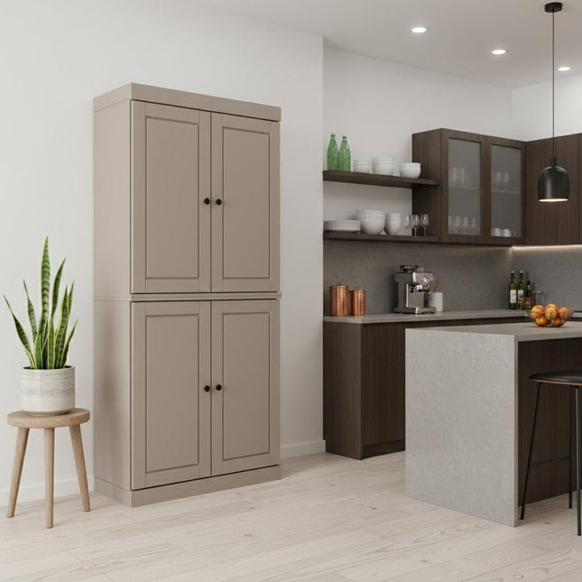 72" Beige Solid Wood Four Door Two Drawer Pantry Or Storage Closet