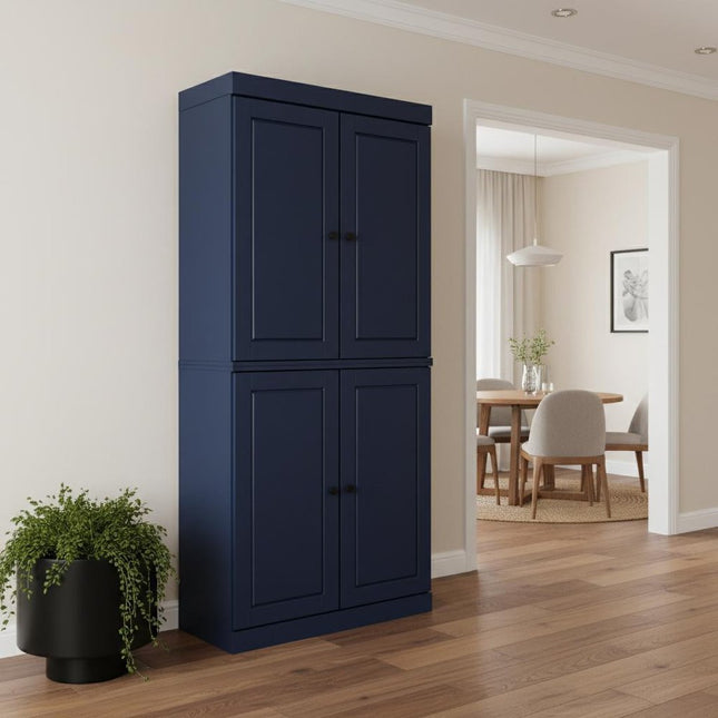 72" Navy Blue Solid Wood Four Door Two Drawer Pantry Or Storage Closet