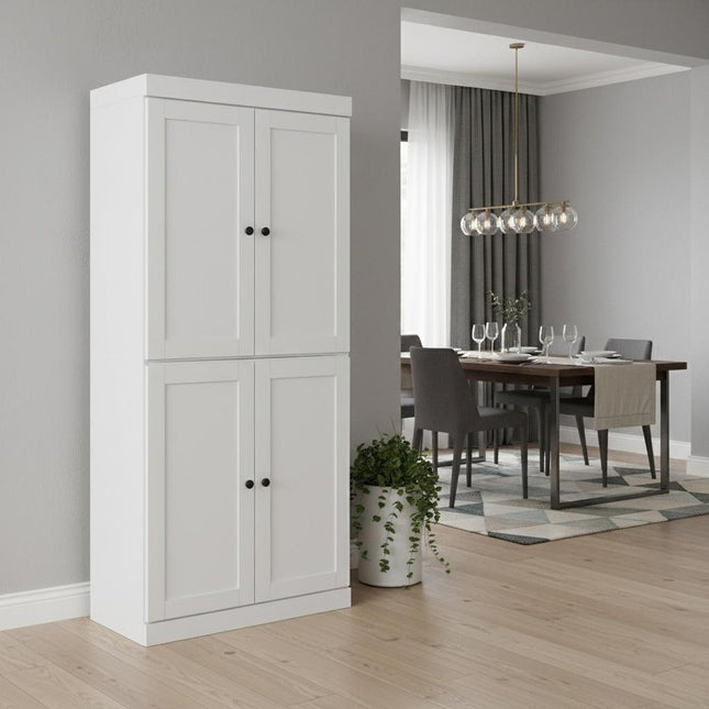 72" White Solid Wood Four Door Two Drawer Pantry Or Storage Closet