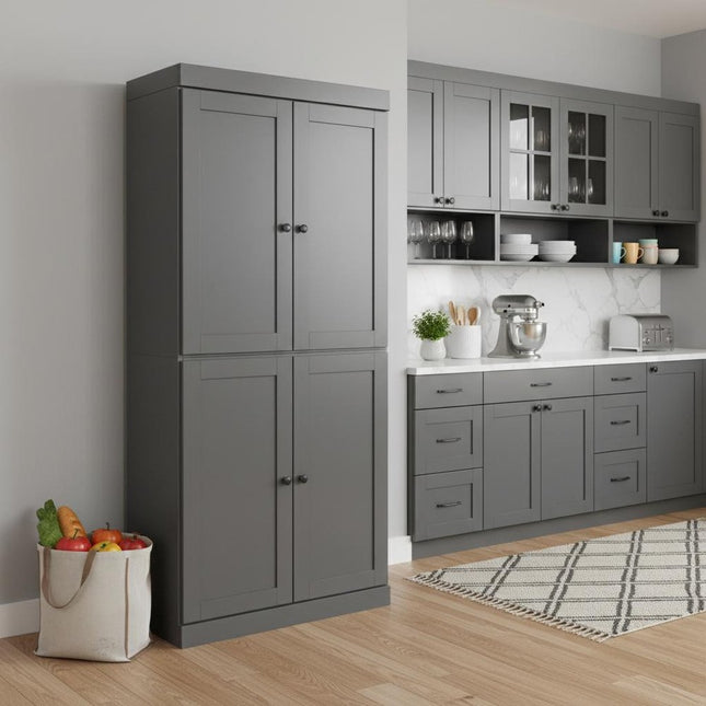 72" Gray Solid Wood Four Door Two Drawer Pantry Or Storage Closet