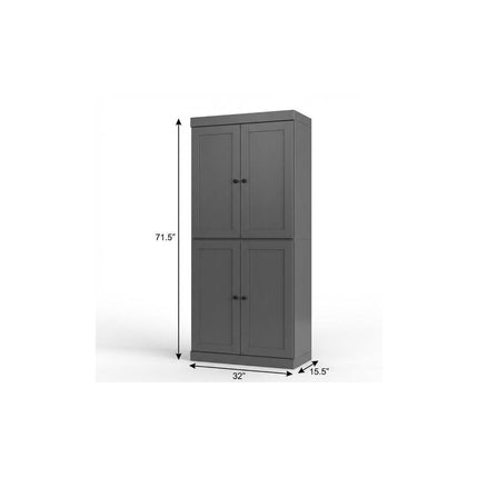 72" Gray Solid Wood Four Door Two Drawer Pantry Or Storage Closet