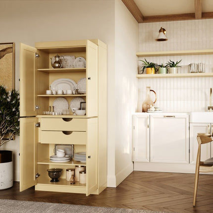 72" Yellow Solid Wood Four Door Two Drawer Pantry Or Storage Closet