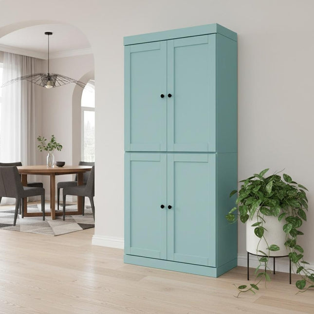 72" Aqua Solid Wood Four Door Two Drawer Pantry Or Storage Closet