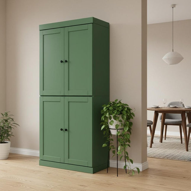 72" Green Solid Wood Four Door Two Drawer Pantry Or Storage Closet