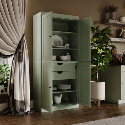 72" Sage Solid Wood Four Door Two Drawer Pantry Or Storage Closet