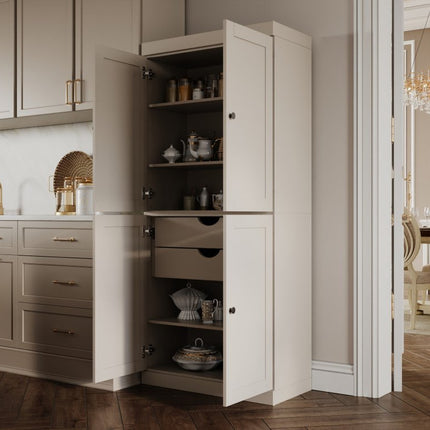 72" Beige Solid Wood Four Door Two Drawer Pantry Or Storage Closet