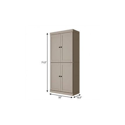 72" Beige Solid Wood Four Door Two Drawer Pantry Or Storage Closet
