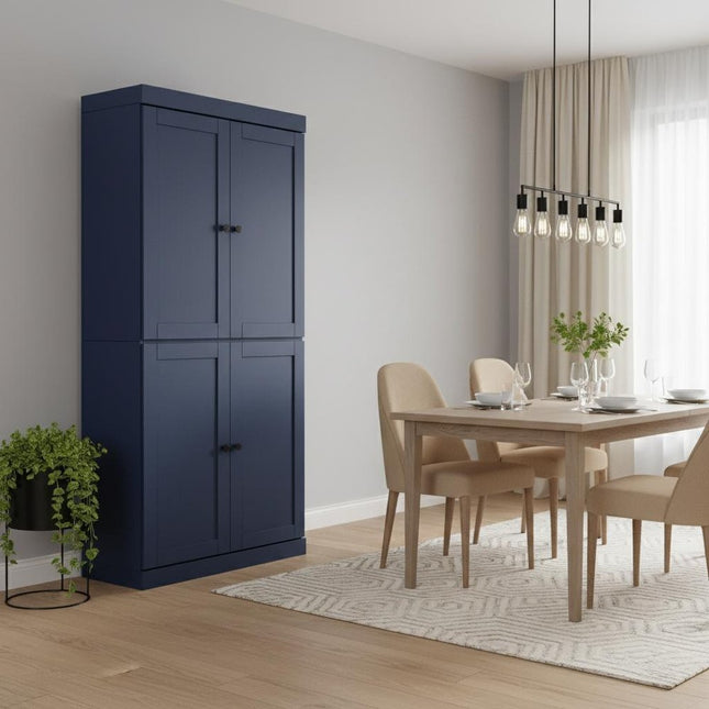 72" Navy Blue Solid Wood Four Door Two Drawer Pantry Or Storage Closet
