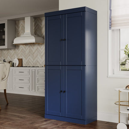 72" Navy Blue Solid Wood Four Door Two Drawer Pantry Or Storage Closet
