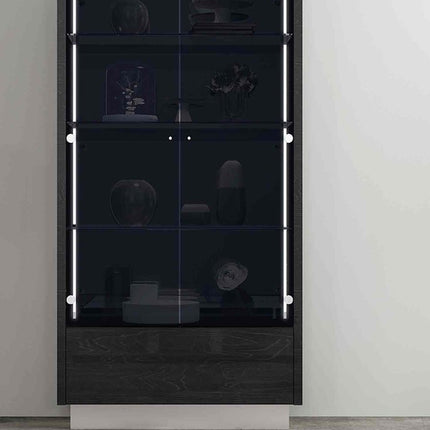 41" Dark Gray Wood Display Cabinet With LED With Two Doors And One Drawer