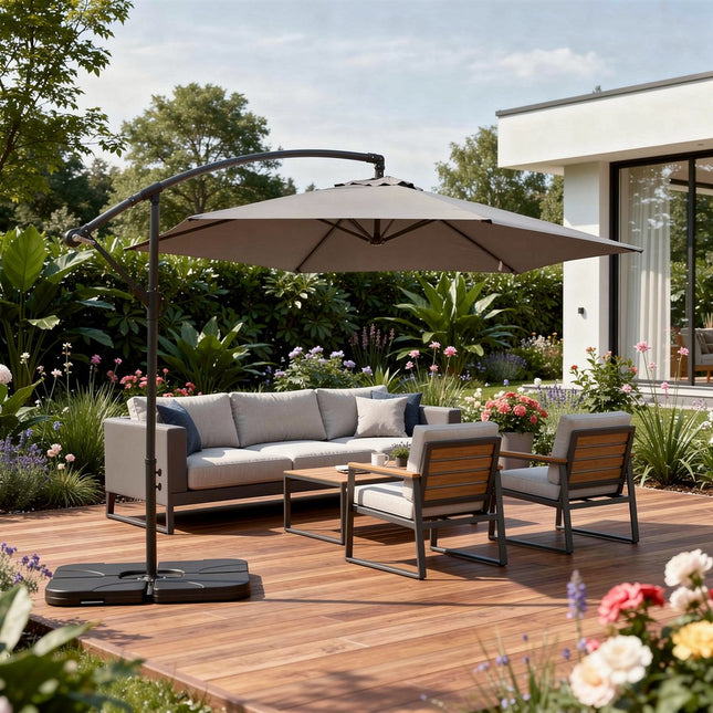 97" Gray Polyester Hexagonal Cantilever Patio Umbrella with Stand