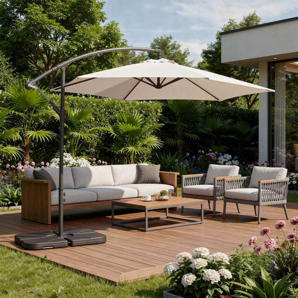 97" White Polyester Hexagonal Cantilever Patio Umbrella with Stand
