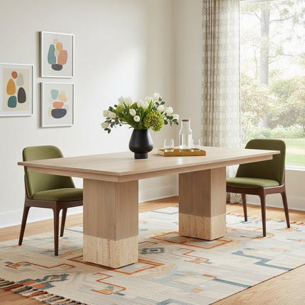 94" Beige Solid Wood and Marble Trestle Base Dining Table