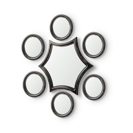 Set of Seven Black Wood Round Geometric Framed Accent Mirror