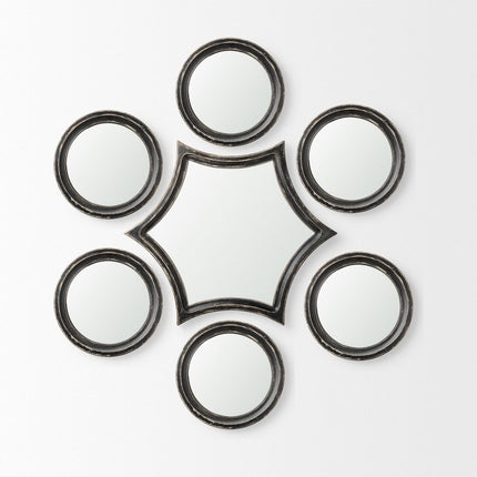 Set of Seven Black Wood Round Geometric Framed Accent Mirror