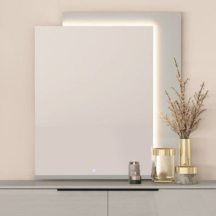 47" Light Gray Wood Lighted Wall Mounted And Dresser Mount Geometric Framed Dresser Mirror