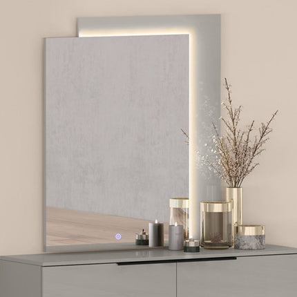 47" Light Gray Wood Lighted Wall Mounted And Dresser Mount Geometric Framed Dresser Mirror