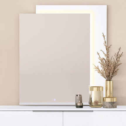 47" White Wood Lighted Wall Mounted And Dresser Mount Geometric Framed Dresser Mirror
