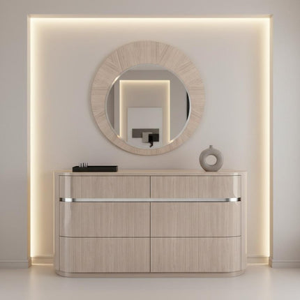 39" Beige Wood Round Wall Mounted And Dresser Mount Framed Dresser Mirror