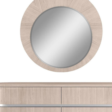 39" Beige Wood Round Wall Mounted And Dresser Mount Framed Dresser Mirror