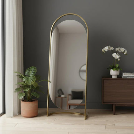 82" Gold Steel Oval Freestanding Framed Accent Mirror