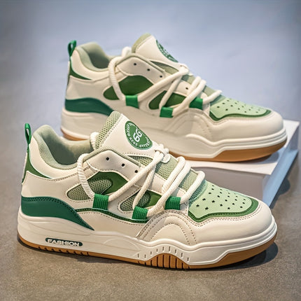 White & Green Casual Sneakers with Breathable Mesh, Durable PVC Sole,