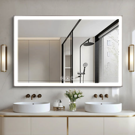 32" Silver Aluminum Lighted Framed Bathroom Vanity Mirror