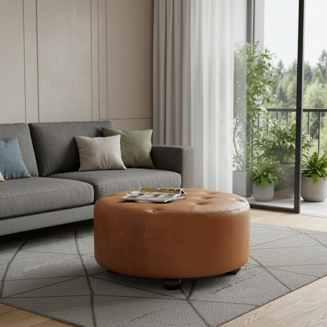 32" Brown Leather Round Footstool