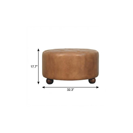 32" Brown Leather Round Footstool
