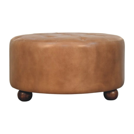 32" Brown Leather Round Footstool