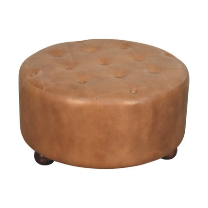 32" Brown Leather Round Footstool