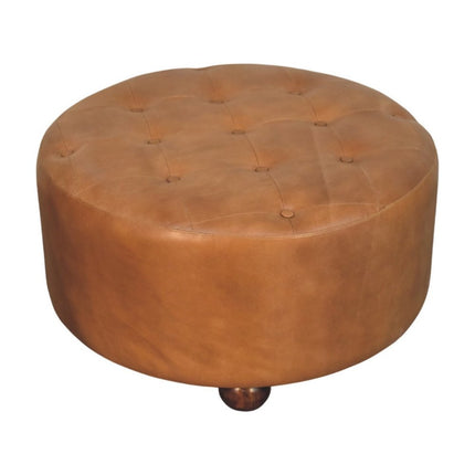 32" Brown Leather Round Footstool