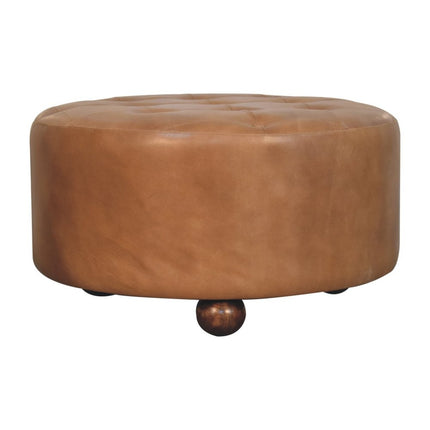 32" Brown Leather Round Footstool