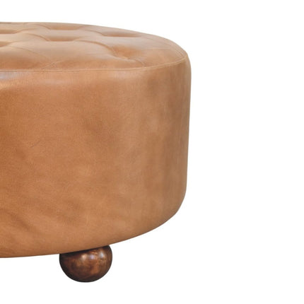 32" Brown Leather Round Footstool