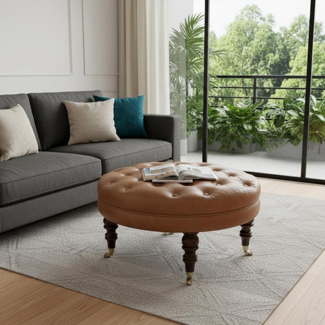 32" Brown Leather Round Footstool