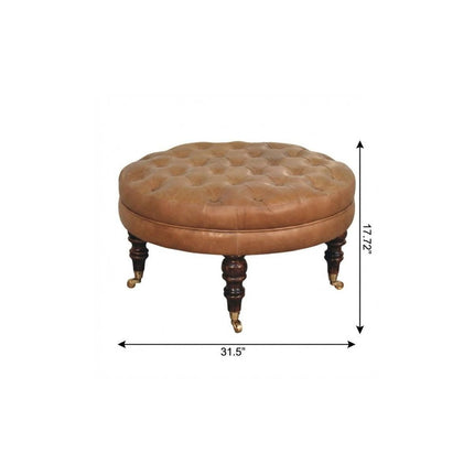 32" Brown Leather Round Footstool